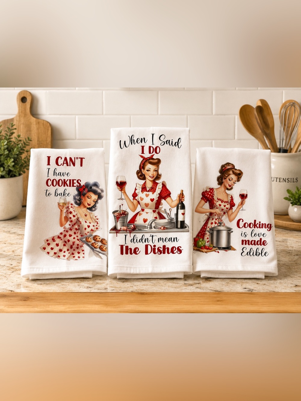 210)Handmade Funny Retro Kitchen Towel Set of 3 |Wine & Baking Humor Dish Towels